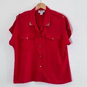 Notations | Vintage polyester red short sleeve button front blouse size …